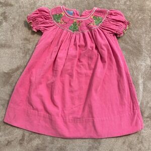 Velani Classics Pink Corduroy Smocked Christmas Tree Reindeer Dress Toddler 2